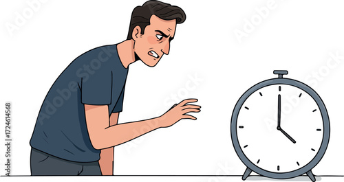 Mans intense focus on the clock showing urgency and stress.
