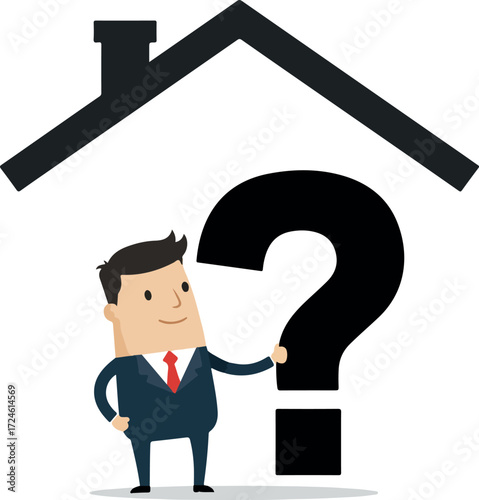 Man with question mark under house roof represents real estate uncertainty.
