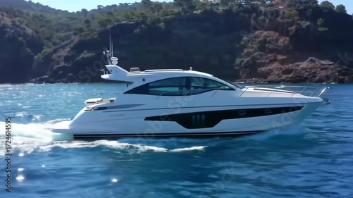 Luxurious white motor yacht navigating azure waters, mountains in the background