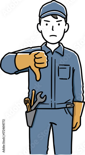 Mechanic with a disapproving expression gives a thumbs down gesture.