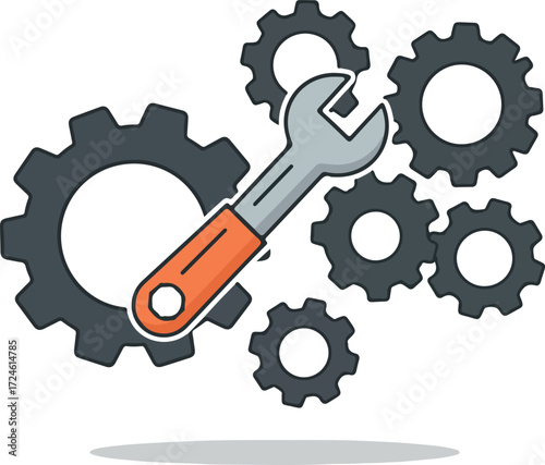 Mechanical engineering concept featuring wrench and gears for industry.