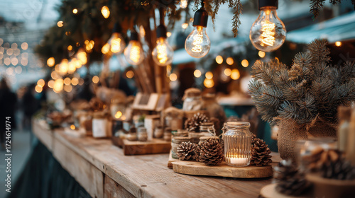 Festive market stall is adorned with glowing lights, pinecones, and rustic decorations, creating warm and inviting atmosphere. scene captures essence of cozy holiday market
