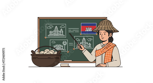 Illustration of a Cambodian teacher explaining historical sites, wearing traditional clothing, with a blackboard showing the Angkor Wat temple, flag and other symbols. With a pot of food