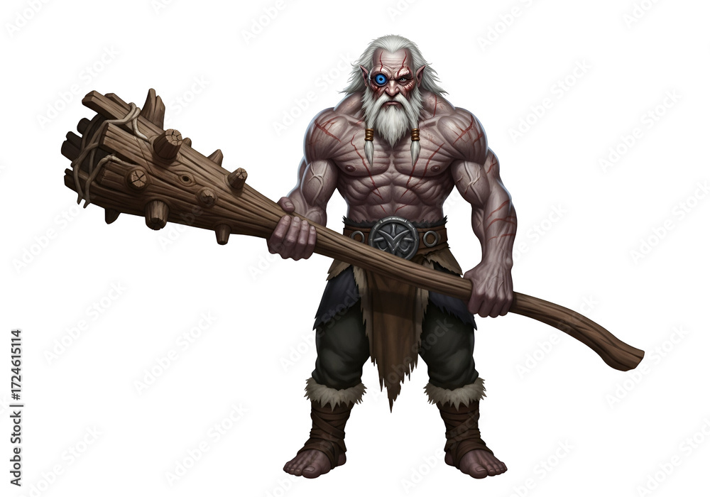 Fototapeta premium A powerful, muscular figure wields a spiked wooden club, showcasing detailed tribal markings and a single eye, against a dark backdrop.