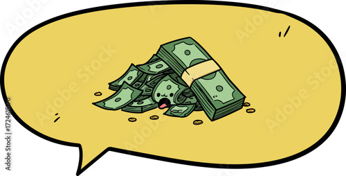 Money overflowing in a speech bubble representing wealth and financial success.