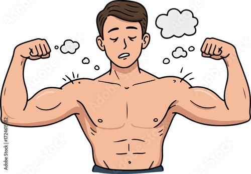 Muscular man flexing arms with closed eyes and thought bubbles.
