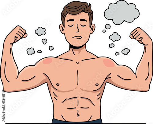 Muscular man flexing his biceps with closed eyes and thought bubbles.