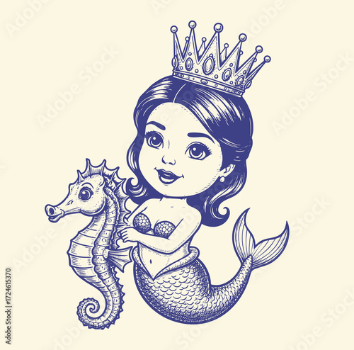 Vector hand-drawn illustration of a A mermaid. sketch drawing for a tattoo or a print on a T-shirt.