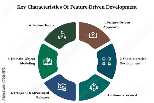 Key Characteristics of feature driven development. Infographic template with icons and description placeholder