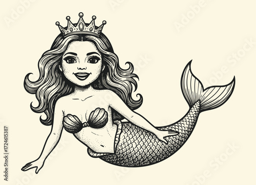 Vector hand-drawn illustration of a A mermaid. sketch drawing for a tattoo or a print on a T-shirt.