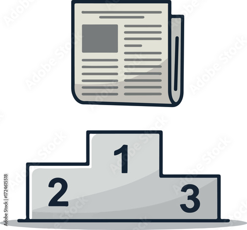Newspaper and podium representing news and competition winners.