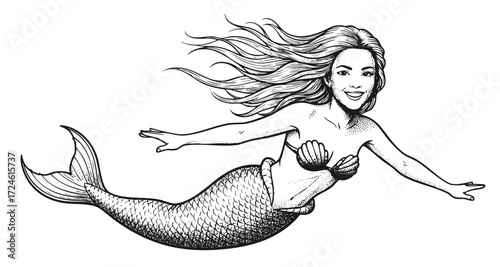 Vector hand-drawn illustration of a A mermaid. sketch drawing for a tattoo or a print on a T-shirt.