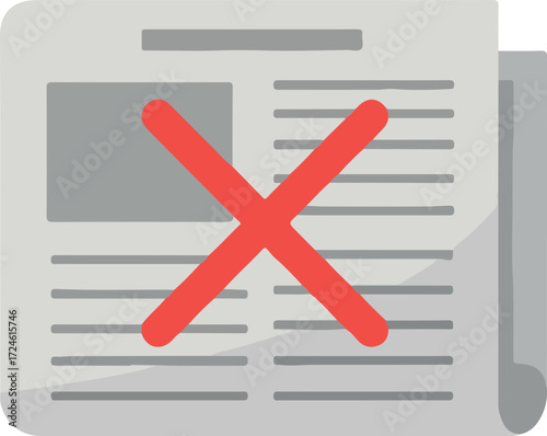 Newspaper with a red cross symbol indicating cancellation or rejection of information.