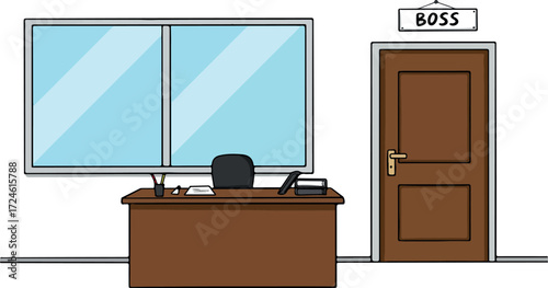Office scene with a desk chair window and a bosss door.