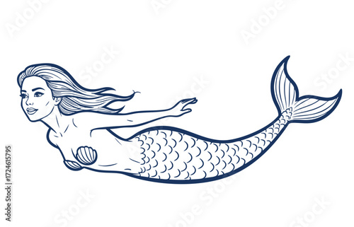 Vector hand-drawn illustration of a A mermaid. sketch drawing for a tattoo or a print on a T-shirt.