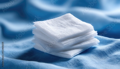 Stack of white cotton squares on a blue fabric