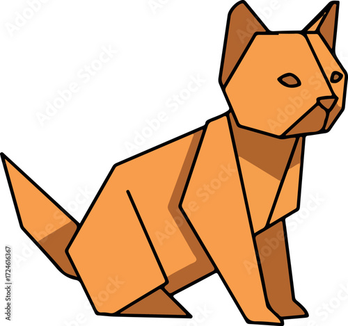 Origami cat sitting with attentive pose and orange color.