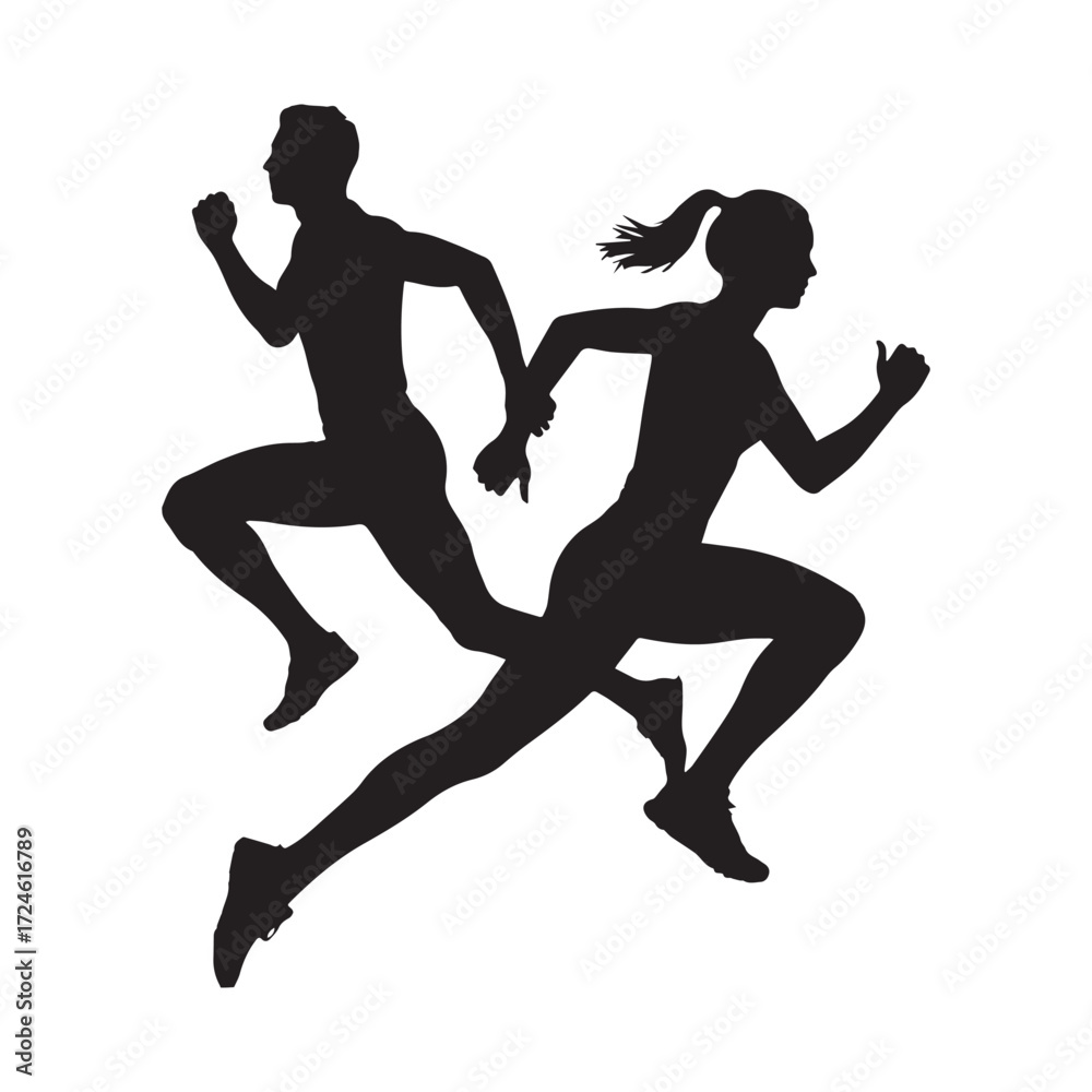 Fototapeta premium Silhouettes of athletes running in dynamic action poses. 