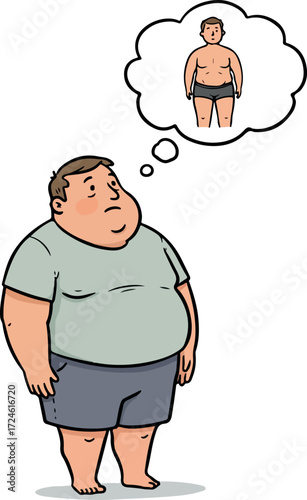 Overweight man dreaming of a slimmer body and a healthy lifestyle.