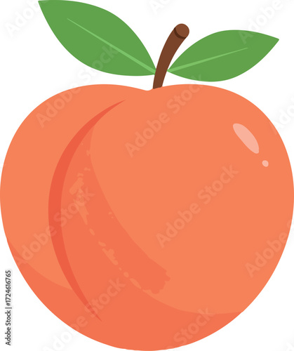 Peach fruit with green leaves and brown stem fresh and juicy.