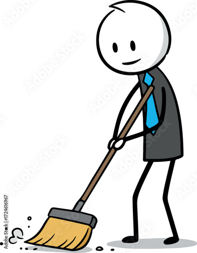 Person in suit sweeping the floor with a broom cleaning up.