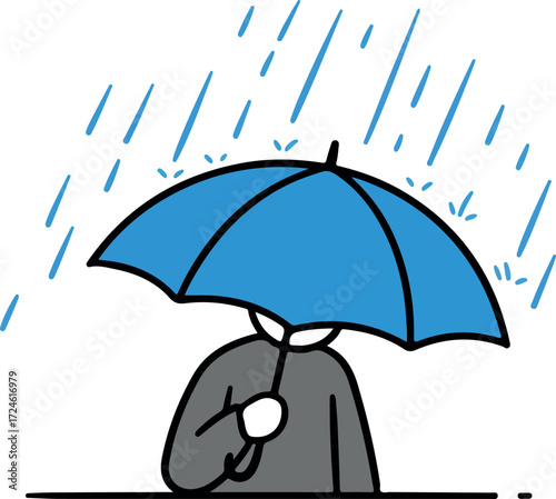 Person shielding from rain with a blue umbrella for protection.