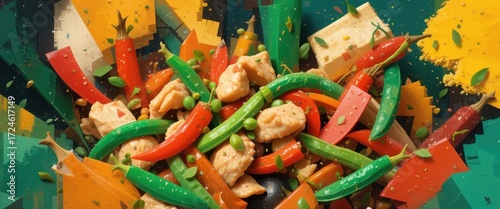 Geometric Veggies  Playful Composition, Textured Background, Chicken   Pea Harmony