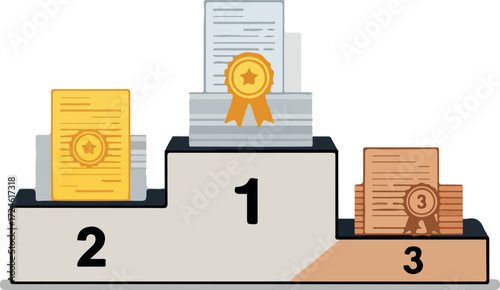 Podium with documents and medals representing first second and third place.