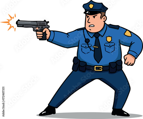 Police officer aiming and firing a gun with determination and focus.