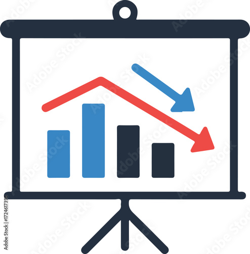 Presentation board showing declining business performance with downward trends.