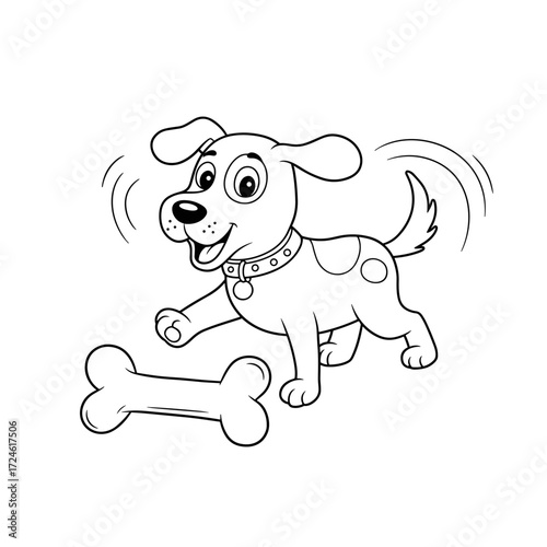 A joyful cartoon dog with floppy ears and wagging tail runs toward a big bone, tongue out and full of excitement.