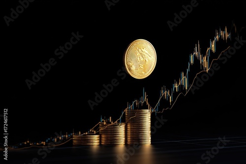 Golden coins and a chart rise against a black background