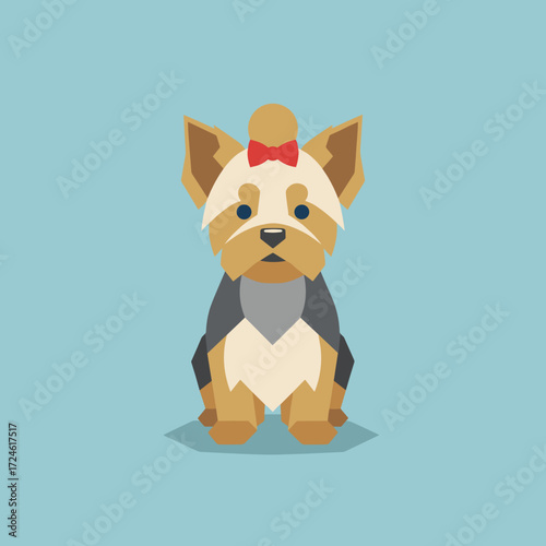Cute cartoon Yorkshire Terrier dog with a bow on light blue background  
