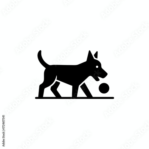 Dog playing with a ball in a simple, minimalist style  