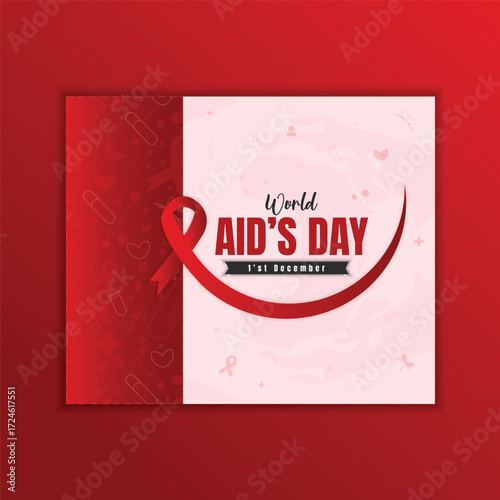 Flat banner of world aids day December 1 with ribbon, world map, and text. United with the Red Ribbon, Global Hope & Compassion.