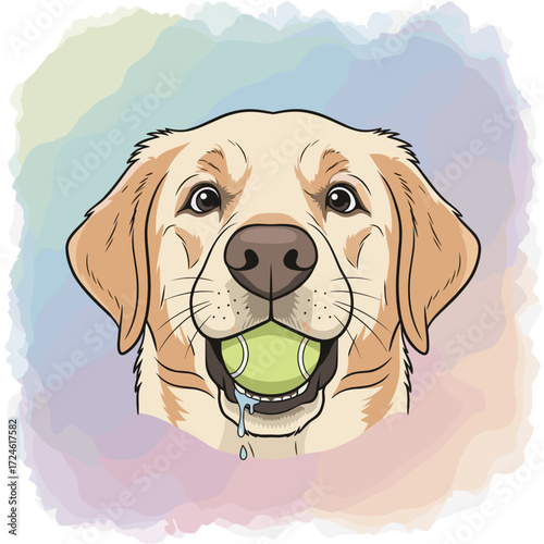 Dog holding tennis ball with happy expression against abstract background  