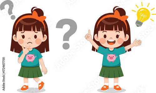 Cute cartoon girl thinking with question mark, then happy with bright idea light bulb, problem solving, learning, education, creativity concept illustration