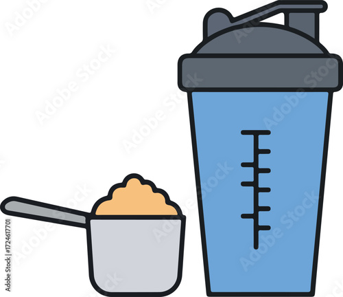 Protein shake and scoop ready for a healthy workout routine.
