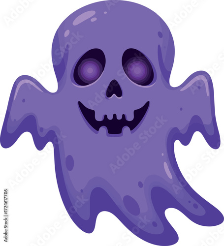 Purple ghost illustration with a spooky smiling face and floating design.