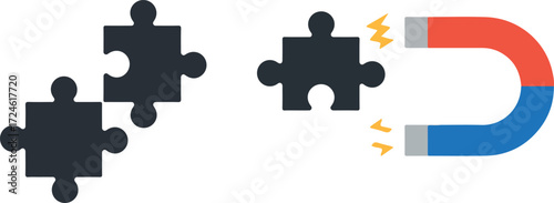 Puzzle pieces and magnet attracting problem solving concept.