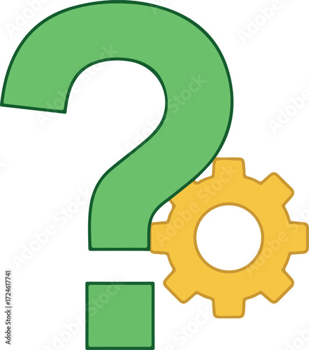 Question mark and gear symbol representing problem solving and solutions.