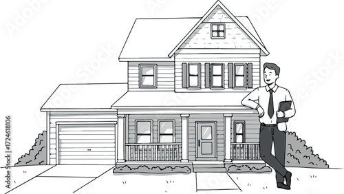 Real estate agent stands beside a beautiful house ready for sale.