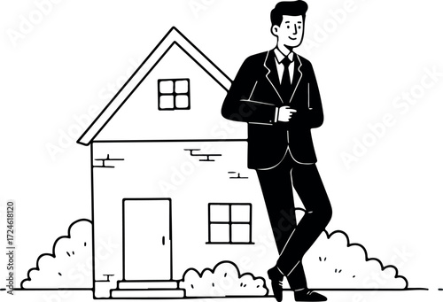 Real estate agent stands confidently next to a house.