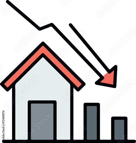 Real estate market decline illustrated by house and downward trend.