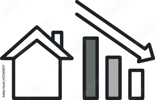 Real estate market decline represented by house and graph.