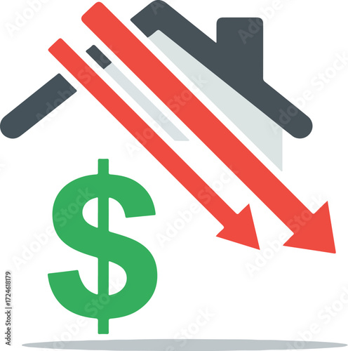 Real estate market decline represented by house and dollar sign.