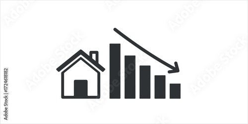 Real estate market decline depicted with house and downward trend.