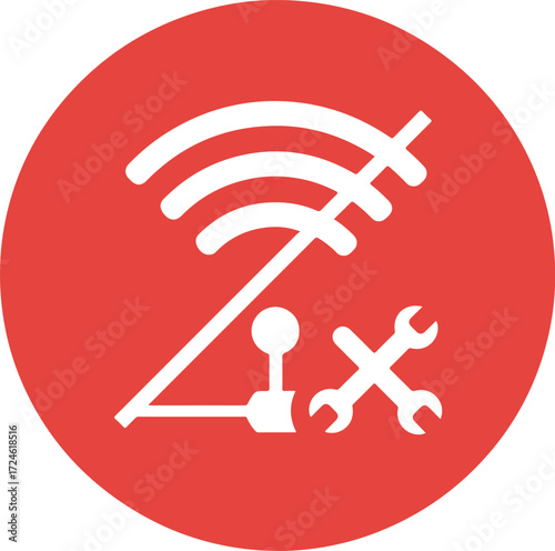 Red circle with wifi signal crossed out and repair tools icon.