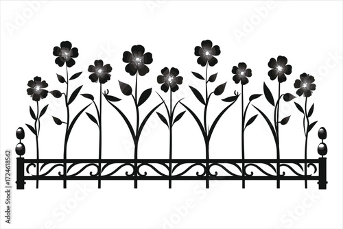 wrought iron fence with flowers, fence, vector, illustration, flower, nature, design, spring, barcode, business, garden, symbol, bar, grass, graph, silhouette, sky, art, flowers, concept, sign, tree, 