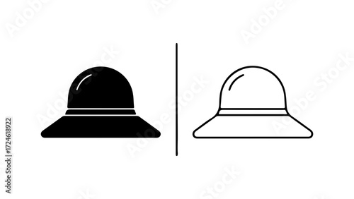 Womans summer sun hat icon set in solid and outline styles.